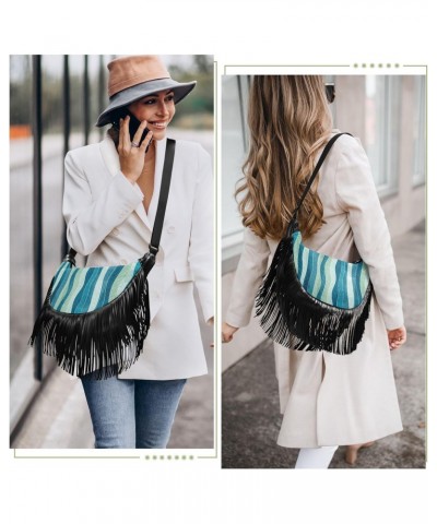 Abstract Grunge Blue Wave Fringe Bag for Women Cross Body Bag Tassel Shoulder Bag Satchel $12.42 Crossbody Bags