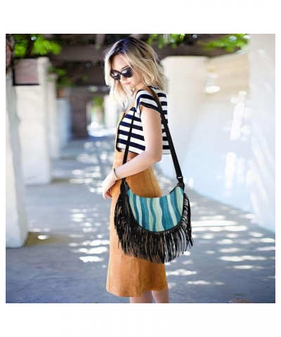 Abstract Grunge Blue Wave Fringe Bag for Women Cross Body Bag Tassel Shoulder Bag Satchel $12.42 Crossbody Bags