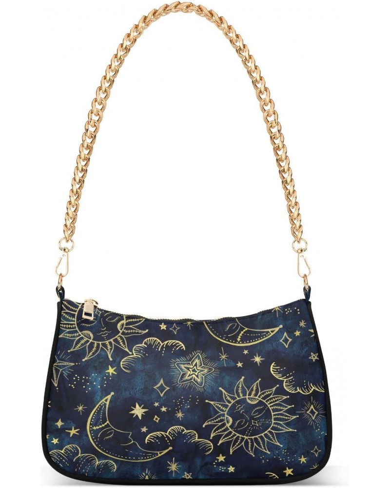 Moon Sun Star Navy Blue Small Chain Shoulder Bag for Women Travel Hobo Tote Handbag Clutch Purse with Zipper $15.29 Totes