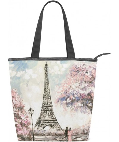 Tote Canvas Shoulder Bag Eiffel Tower Paris Oil Painting Womens Handbag $13.91 Shoulder Bags