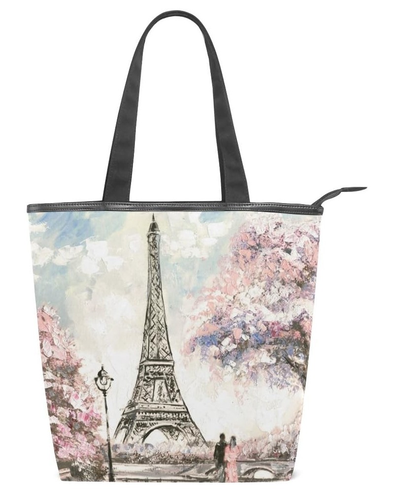 Tote Canvas Shoulder Bag Eiffel Tower Paris Oil Painting Womens Handbag $13.91 Shoulder Bags