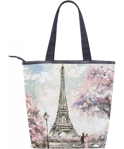 Tote Canvas Shoulder Bag Eiffel Tower Paris Oil Painting Womens Handbag $13.91 Shoulder Bags