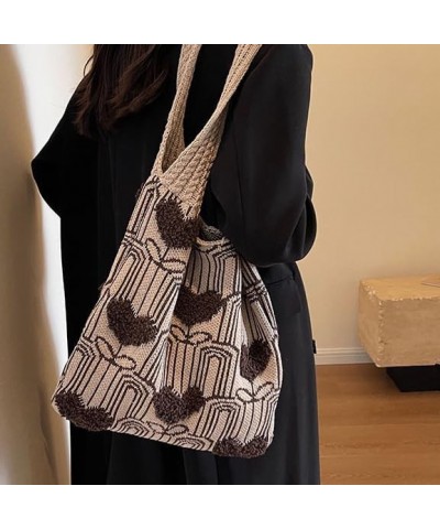 Womens Crochet Tote Bag Cute Heart Pattern Shoulder Commute Bag Knit Hobo Bags Purse Shopping Summer Beach Handbag Khaki $13....