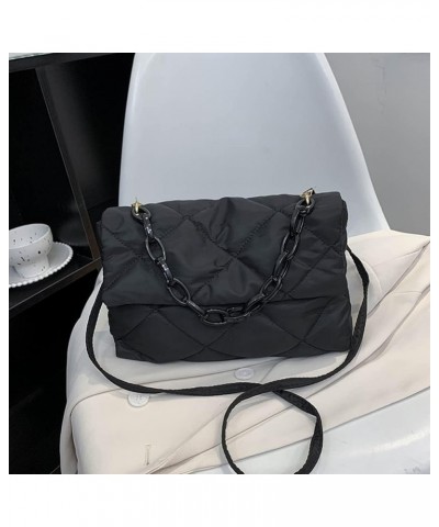 Chain Tote Bag Nylon Quilted Female Handbags Casual Fashion All-match Winter Large Capacity for Girls Shopping Black $7.46 Totes