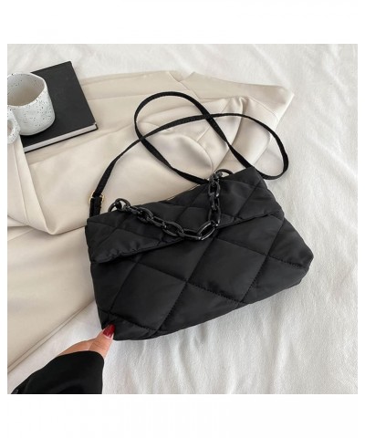 Chain Tote Bag Nylon Quilted Female Handbags Casual Fashion All-match Winter Large Capacity for Girls Shopping Black $7.46 Totes