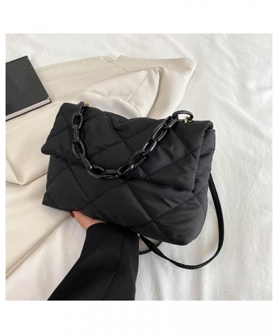 Chain Tote Bag Nylon Quilted Female Handbags Casual Fashion All-match Winter Large Capacity for Girls Shopping Black $7.46 Totes