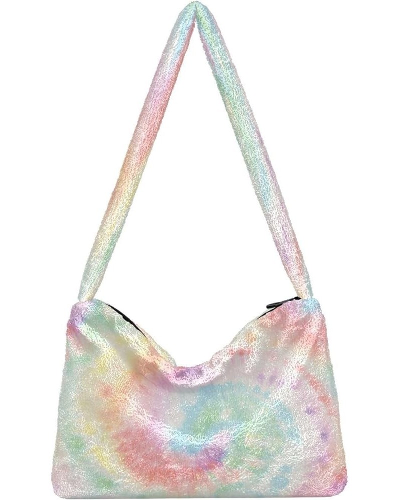 Watercolor Tie Dye Shoulder Tote Bag, Fur Women Handbag Hobo Purse Spiral Tie Dye Swirl Pale Color $9.03 Totes