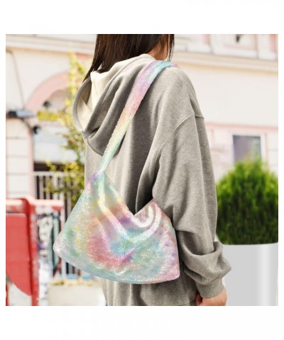 Watercolor Tie Dye Shoulder Tote Bag, Fur Women Handbag Hobo Purse Spiral Tie Dye Swirl Pale Color $9.03 Totes