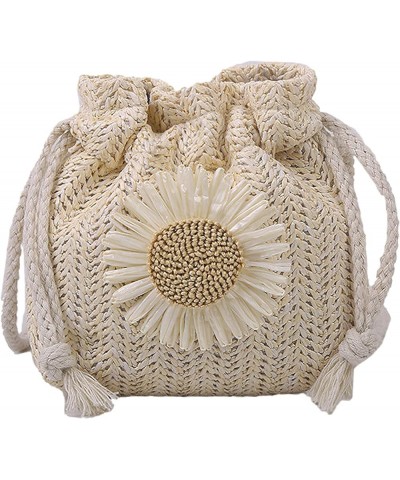 Mini Straw Crossbody Bag for Women Woven Beach Bag with Flower Cute Drawstring Handbag Coin Purse White $8.69 Crossbody Bags