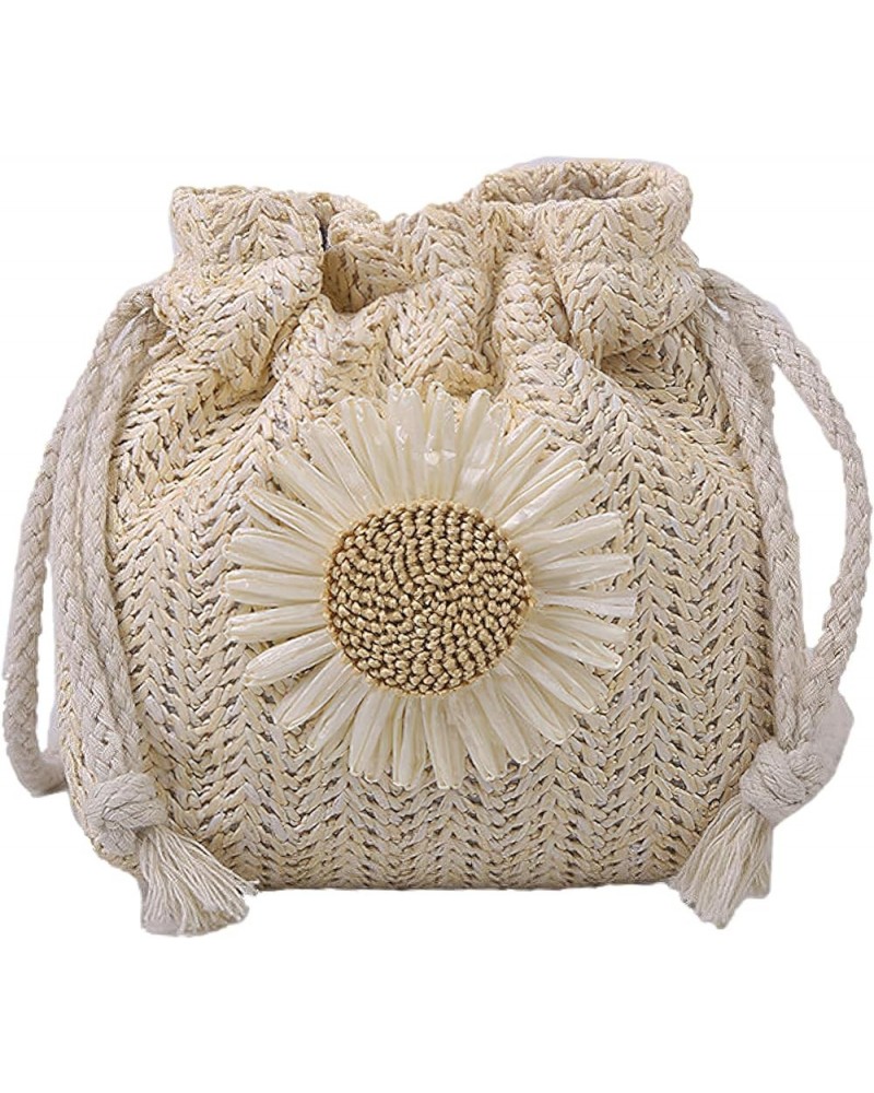 Mini Straw Crossbody Bag for Women Woven Beach Bag with Flower Cute Drawstring Handbag Coin Purse White $8.69 Crossbody Bags