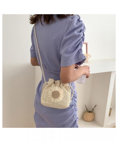 Mini Straw Crossbody Bag for Women Woven Beach Bag with Flower Cute Drawstring Handbag Coin Purse White $8.69 Crossbody Bags