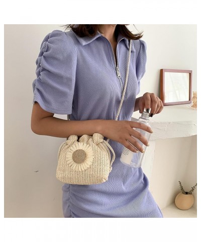 Mini Straw Crossbody Bag for Women Woven Beach Bag with Flower Cute Drawstring Handbag Coin Purse White $8.69 Crossbody Bags