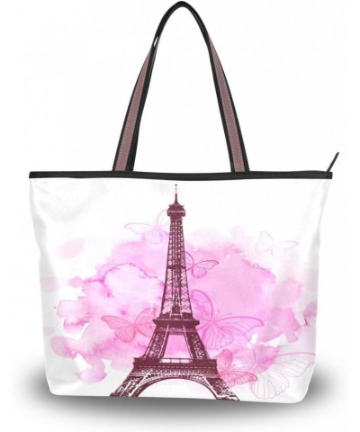 Womens Tote Bag, Pink Eiffel Tower Butterfly Ladies Zip Shoulder Handbags $14.39 Shoulder Bags