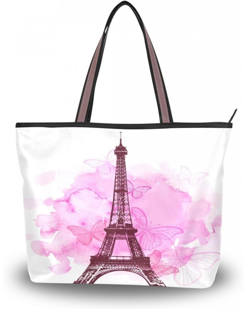 Womens Tote Bag, Pink Eiffel Tower Butterfly Ladies Zip Shoulder Handbags $14.39 Shoulder Bags