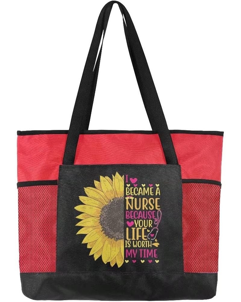 I Love Became a Nurse Personalized Nurse Tote Bag with Mesh Pockets, Sunflower Large Travel Tote Bag Nurse Bag for Work Red $...