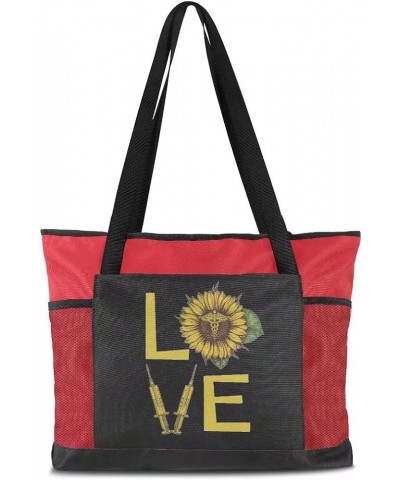 I Love Became a Nurse Personalized Nurse Tote Bag with Mesh Pockets, Sunflower Large Travel Tote Bag Nurse Bag for Work Red $...