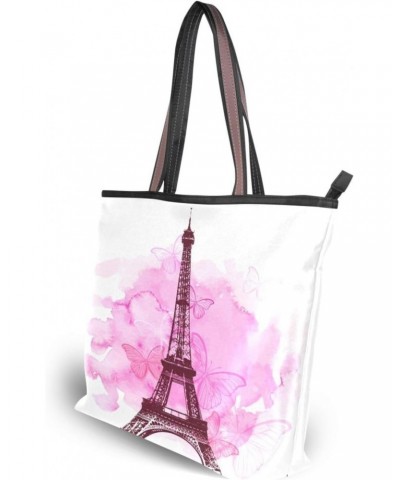 Womens Tote Bag, Pink Eiffel Tower Butterfly Ladies Zip Shoulder Handbags $14.39 Shoulder Bags