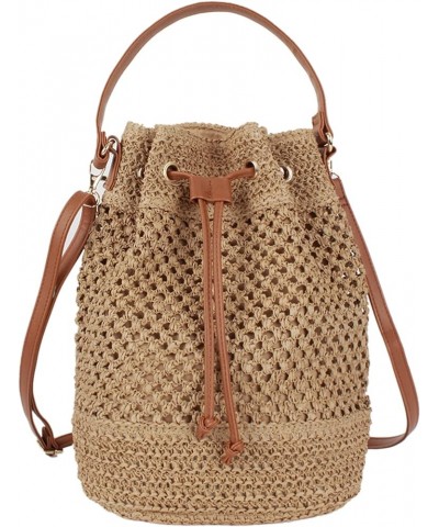 Straw Drawstring Bucket Bag Summer Crochet Tote Purse Pu Leather Strap Crossbody Shoulder Bag Brown $12.71 Shoulder Bags