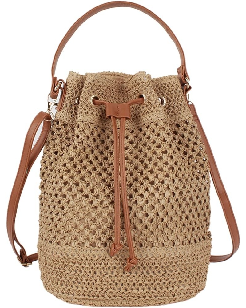 Straw Drawstring Bucket Bag Summer Crochet Tote Purse Pu Leather Strap Crossbody Shoulder Bag Brown $12.71 Shoulder Bags