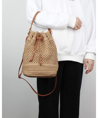 Straw Drawstring Bucket Bag Summer Crochet Tote Purse Pu Leather Strap Crossbody Shoulder Bag Brown $12.71 Shoulder Bags