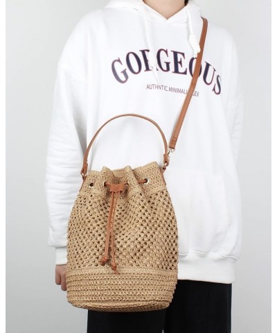 Straw Drawstring Bucket Bag Summer Crochet Tote Purse Pu Leather Strap Crossbody Shoulder Bag Brown $12.71 Shoulder Bags