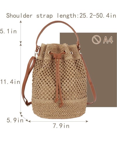 Straw Drawstring Bucket Bag Summer Crochet Tote Purse Pu Leather Strap Crossbody Shoulder Bag Brown $12.71 Shoulder Bags