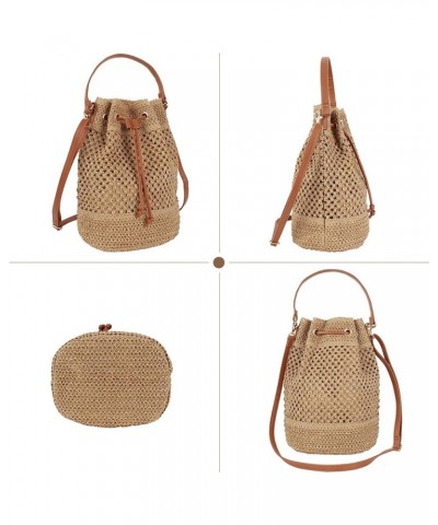 Straw Drawstring Bucket Bag Summer Crochet Tote Purse Pu Leather Strap Crossbody Shoulder Bag Brown $12.71 Shoulder Bags