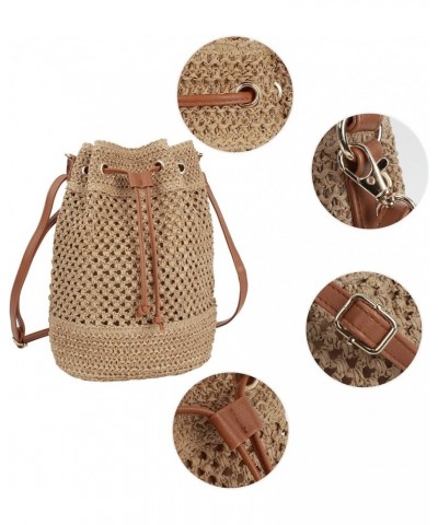 Straw Drawstring Bucket Bag Summer Crochet Tote Purse Pu Leather Strap Crossbody Shoulder Bag Brown $12.71 Shoulder Bags