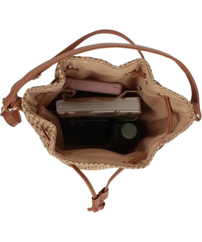 Straw Drawstring Bucket Bag Summer Crochet Tote Purse Pu Leather Strap Crossbody Shoulder Bag Brown $12.71 Shoulder Bags