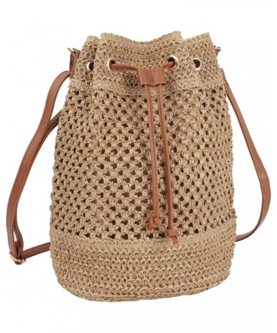 Straw Drawstring Bucket Bag Summer Crochet Tote Purse Pu Leather Strap Crossbody Shoulder Bag Brown $12.71 Shoulder Bags