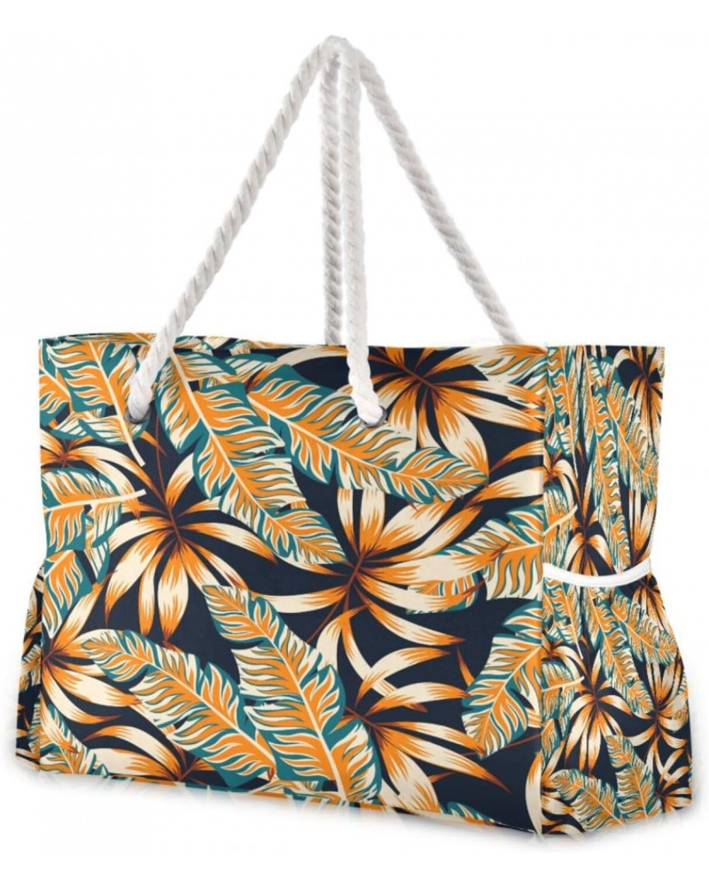 Tropical Leaves Beach Bag, Large Beach Bag with Zipper and Wet Pocket, Lightweight and Waterproof for Pool, Beach, Travel, Gy...