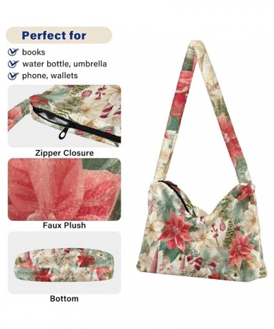 Floral Christmas Evergreen Furry Tote Bag for Women Crossbody Bag Shoulder Handbags Hobo Purse with Zipper for Fall $11.54 Totes