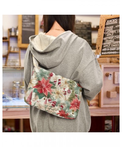 Floral Christmas Evergreen Furry Tote Bag for Women Crossbody Bag Shoulder Handbags Hobo Purse with Zipper for Fall $11.54 Totes