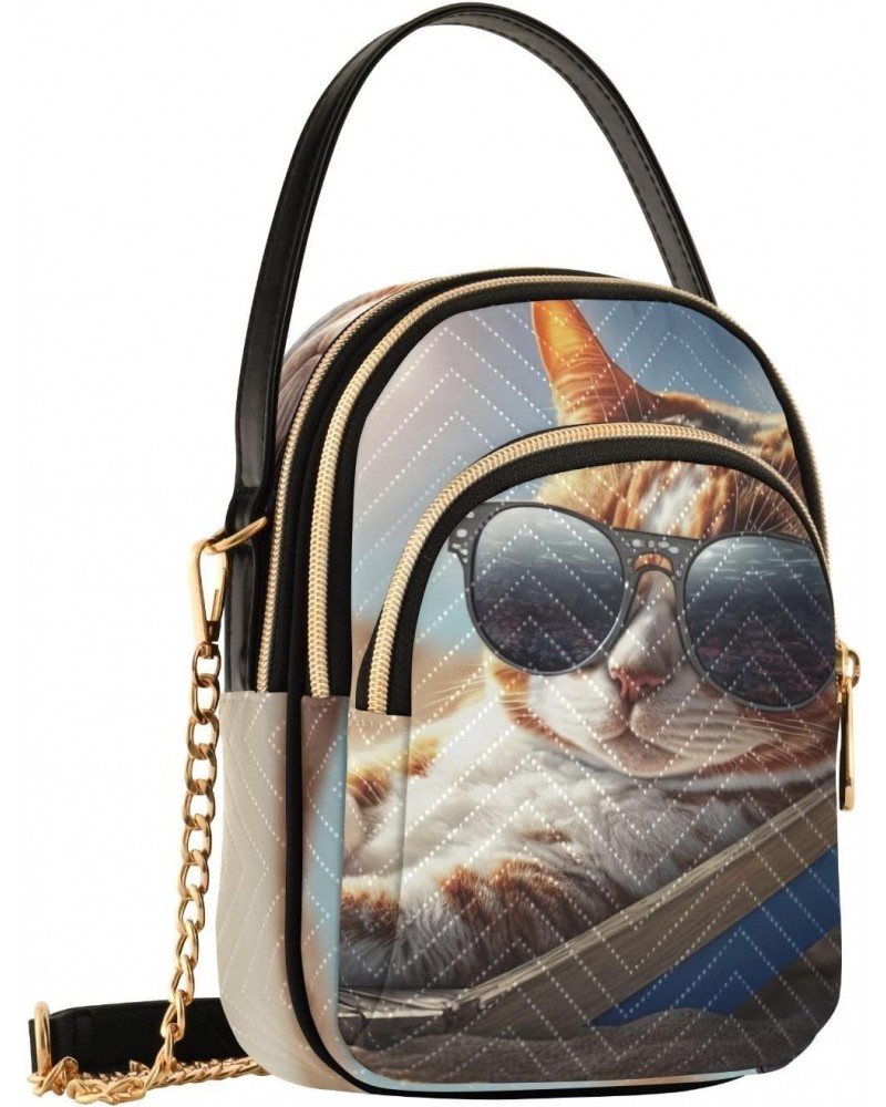 Pattern Cat on Beach Crossbody Shoulder Bags for Women, Compact Fashion Sling Bag with Chain Strap Top handle for Evening Par...