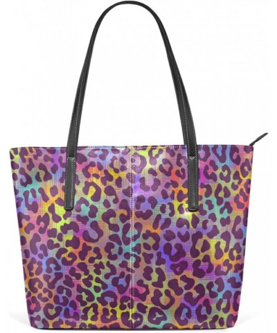 Leather Tote Bag for Women with Zipper Handbags Shoulder Bag Neon Rainbow Colors Leopard Spots Pockets Work Travel Small Offi...