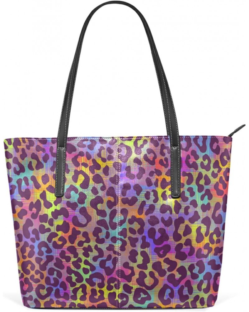 Leather Tote Bag for Women with Zipper Handbags Shoulder Bag Neon Rainbow Colors Leopard Spots Pockets Work Travel Small Offi...