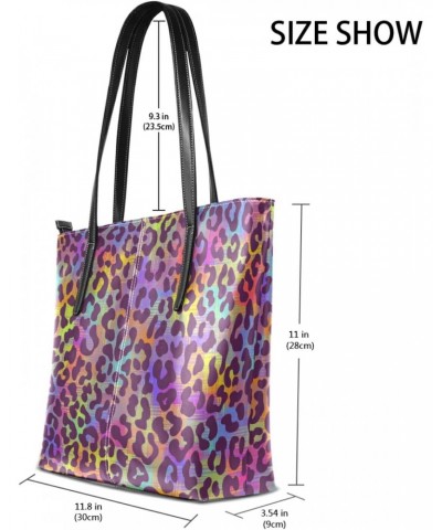 Leather Tote Bag for Women with Zipper Handbags Shoulder Bag Neon Rainbow Colors Leopard Spots Pockets Work Travel Small Offi...