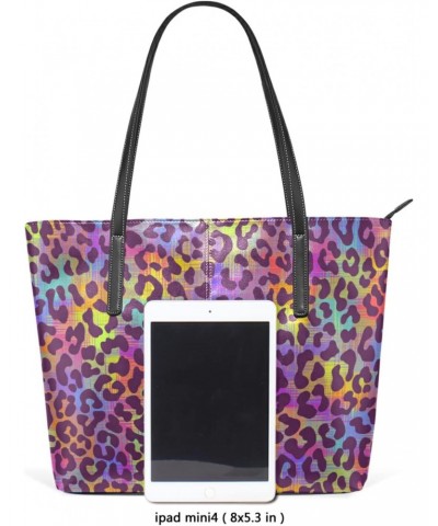 Leather Tote Bag for Women with Zipper Handbags Shoulder Bag Neon Rainbow Colors Leopard Spots Pockets Work Travel Small Offi...