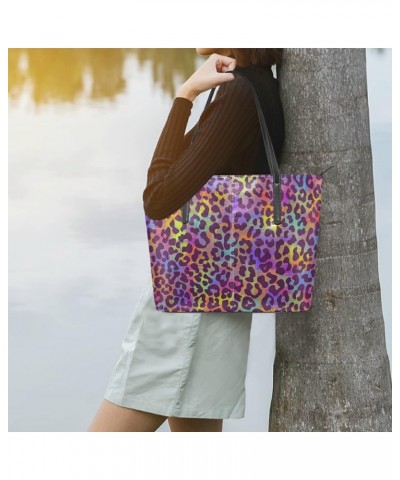 Leather Tote Bag for Women with Zipper Handbags Shoulder Bag Neon Rainbow Colors Leopard Spots Pockets Work Travel Small Offi...