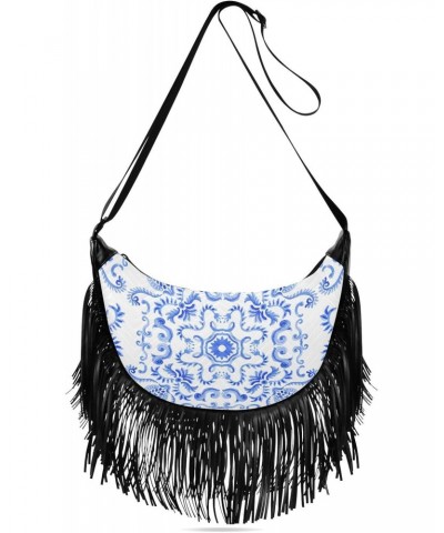 Blue Damask Baroque and Floral Crossbody Bag for Women Fringe Shoulder Bag with Adjustable Strap $14.84 Crossbody Bags