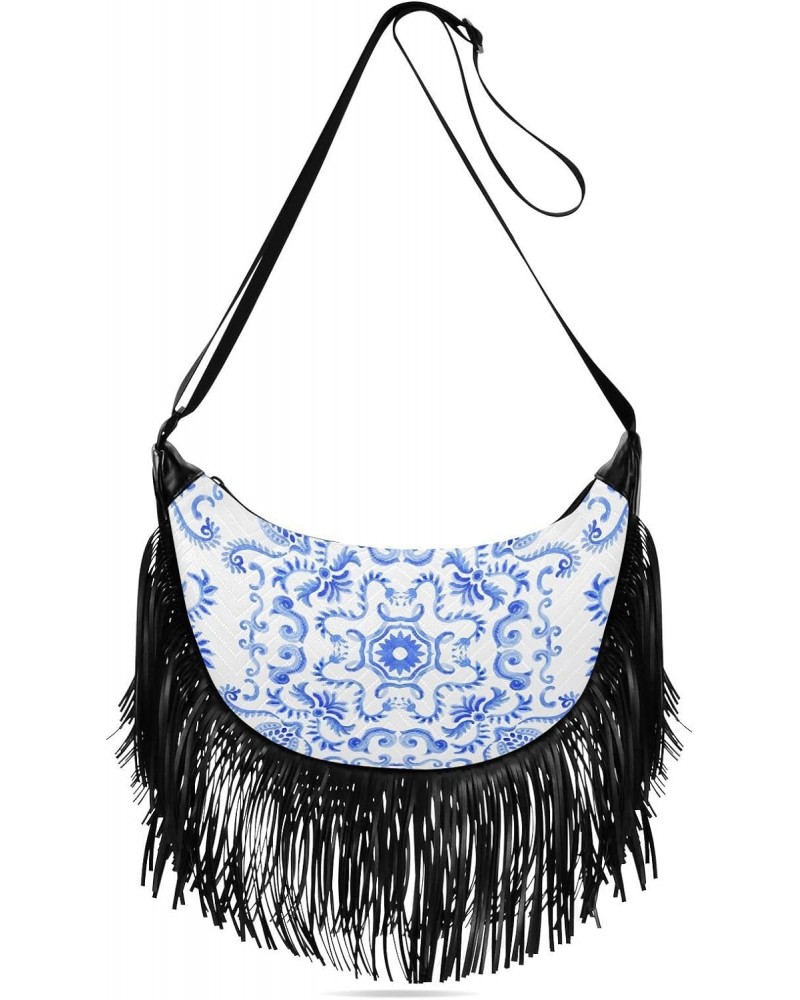 Blue Damask Baroque and Floral Crossbody Bag for Women Fringe Shoulder Bag with Adjustable Strap $14.84 Crossbody Bags