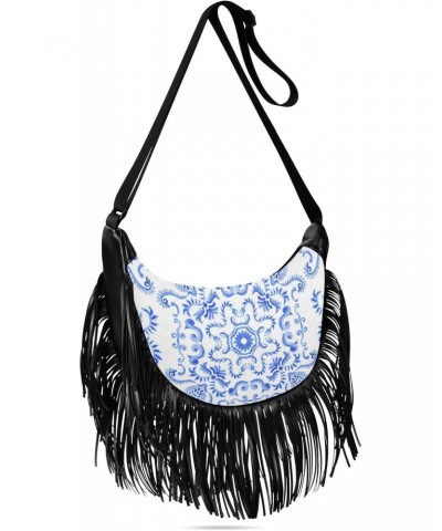 Blue Damask Baroque and Floral Crossbody Bag for Women Fringe Shoulder Bag with Adjustable Strap $14.84 Crossbody Bags