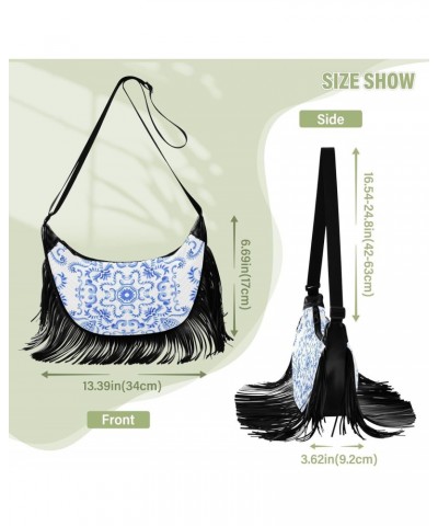 Blue Damask Baroque and Floral Crossbody Bag for Women Fringe Shoulder Bag with Adjustable Strap $14.84 Crossbody Bags