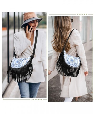 Blue Damask Baroque and Floral Crossbody Bag for Women Fringe Shoulder Bag with Adjustable Strap $14.84 Crossbody Bags