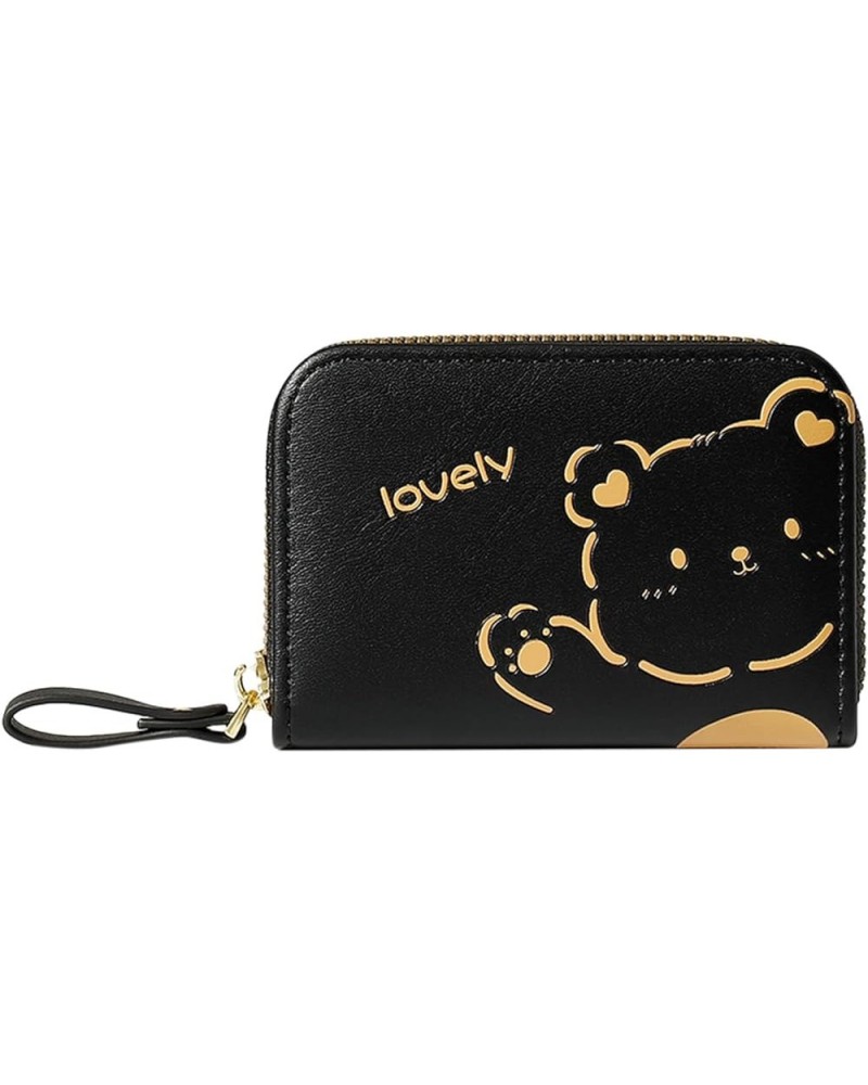 Ladies Zipper Mini Multi Card Organ Card Holder Ladies Cartoon PU Bear Purse Lanyard Wallet (Black, One Size) Black One Size ...