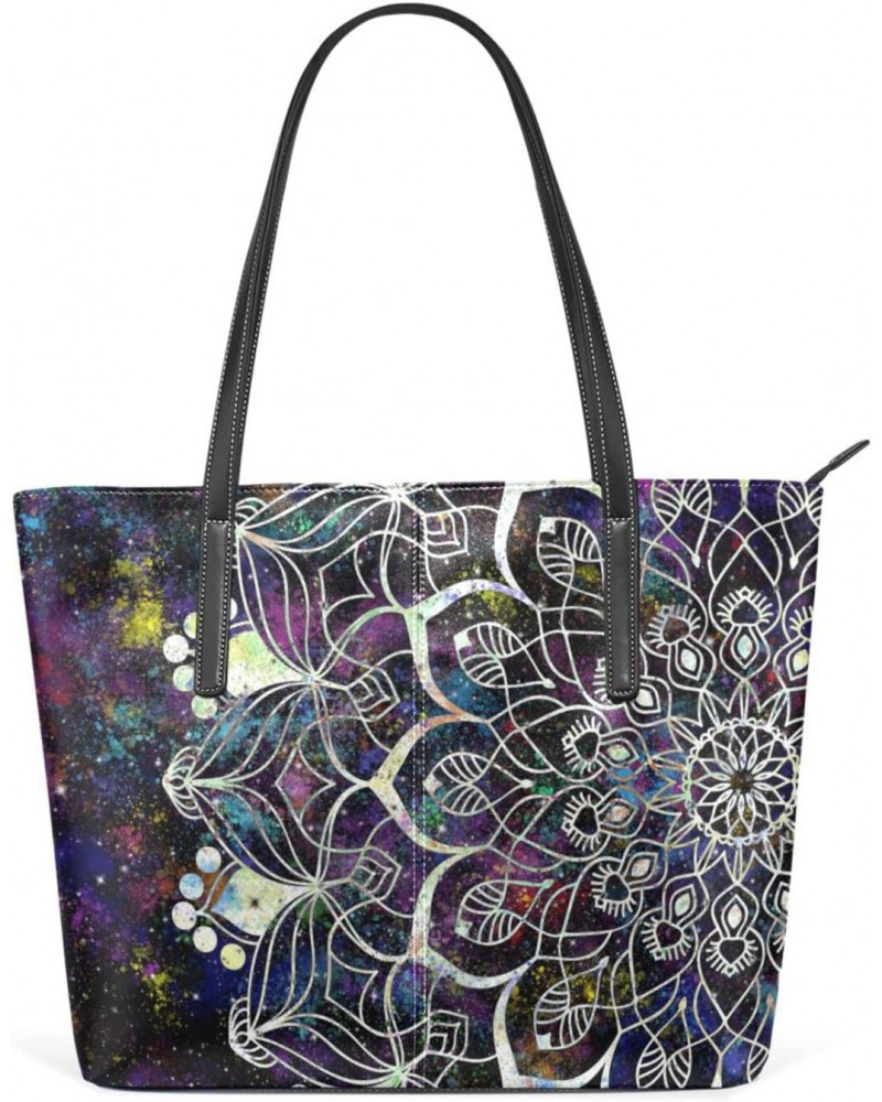 Colorful Galaxy Background Tote Bag with Zipper PU Leather Handbags for Women Top Handle Ladies Shoulder Bag with External Po...