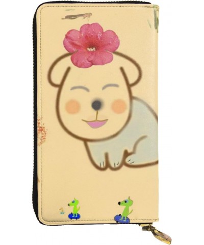 Little flower with cute dog pattern Leather long clutch wallet : Comfortable, lightweight, waterproof, durable 7.48 x 4.13 in...