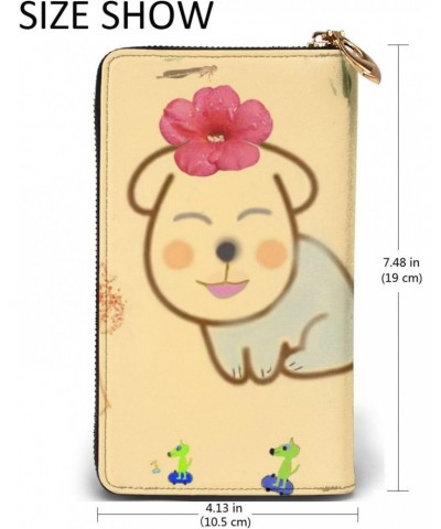 Little flower with cute dog pattern Leather long clutch wallet : Comfortable, lightweight, waterproof, durable 7.48 x 4.13 in...