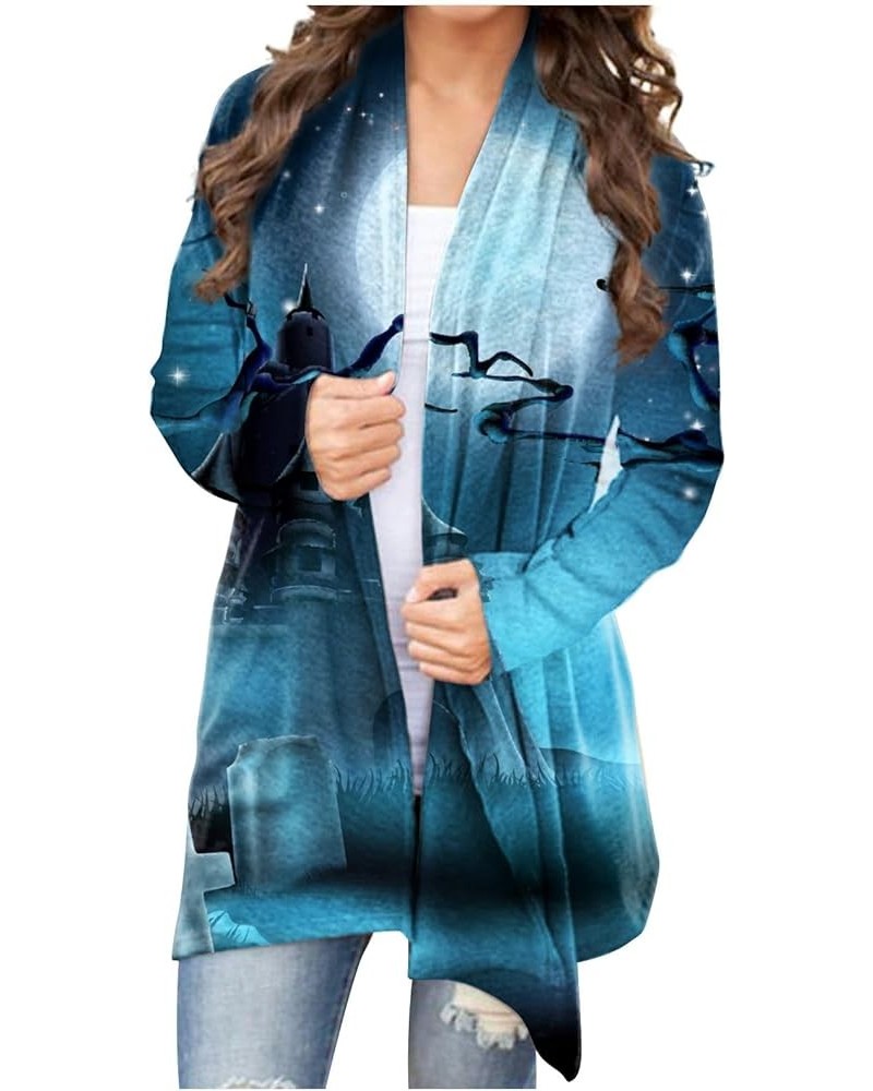 Long Sleeve Cardigan for Women Halloween Print 2024 Trendy Open Front Cardigans with Pockets Casual Loose Outwears 2-light Bl...