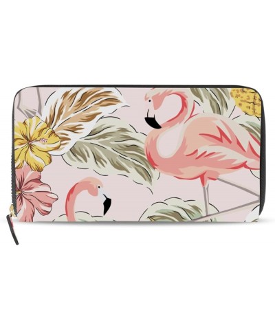 Tropical Pink Flamingos Pineapples Hibiscus Flowers Palm leaves Leather Long Wallet Organizer with Zipper Purse Clutch Bag fo...